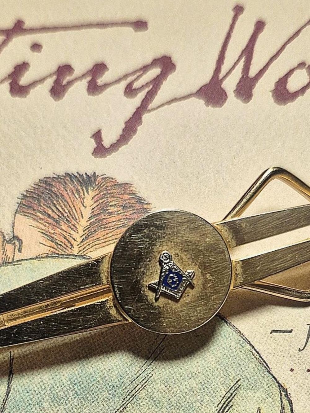 SWANK Gold Tone Tie Clip with Blue Masonic Emblem
